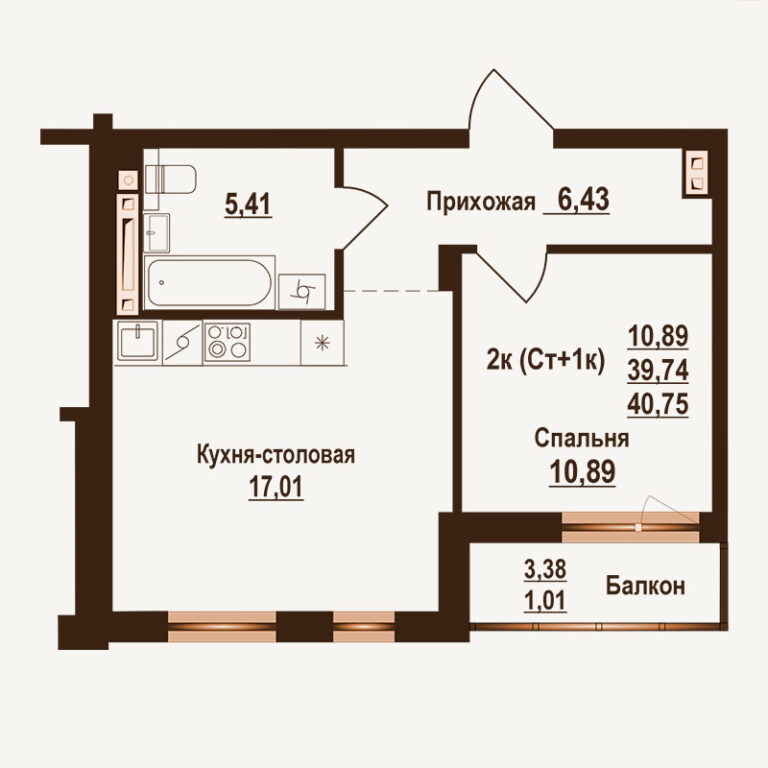 Планировка квартиры 40.75 м² — клубный дом Ривьера