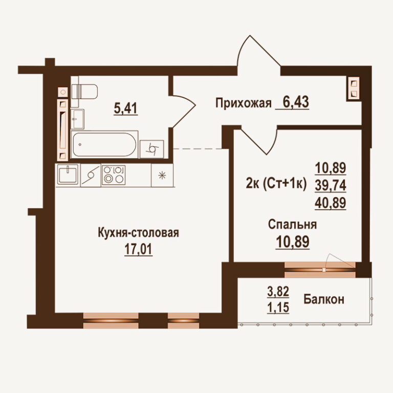 Планировка квартиры 40.89 м² — клубный дом Ривьера