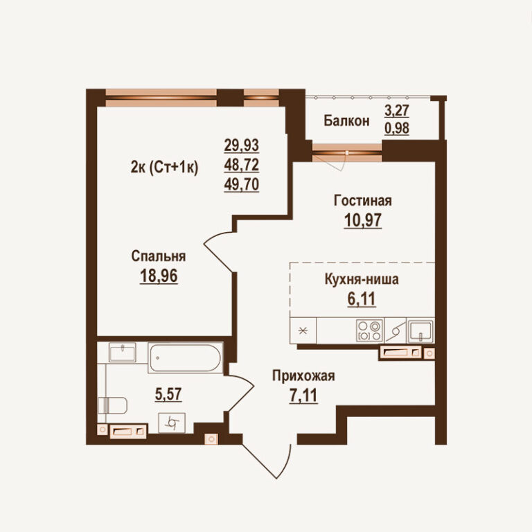 Планировка квартиры 49.70 м² — клубный дом Ривьера