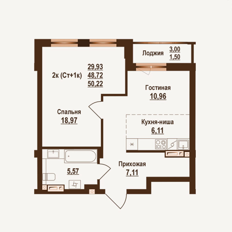 Планировка квартиры 50.22 м² — клубный дом Ривьера