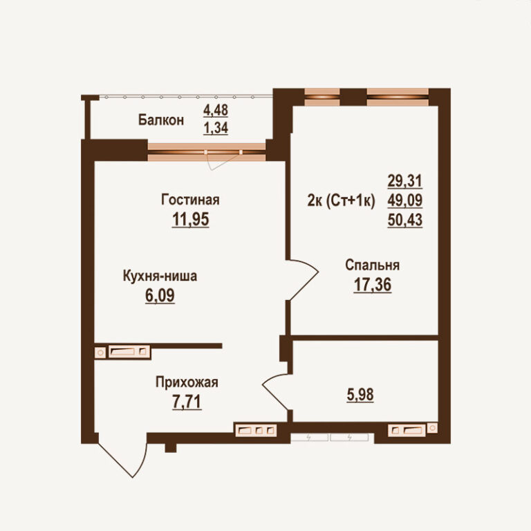 Планировка квартиры 50.43 м² — клубный дом Ривьера