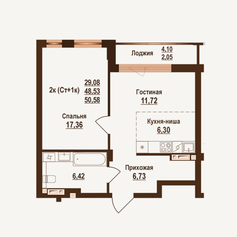 Планировка квартиры 50.58 м² — клубный дом Ривьера