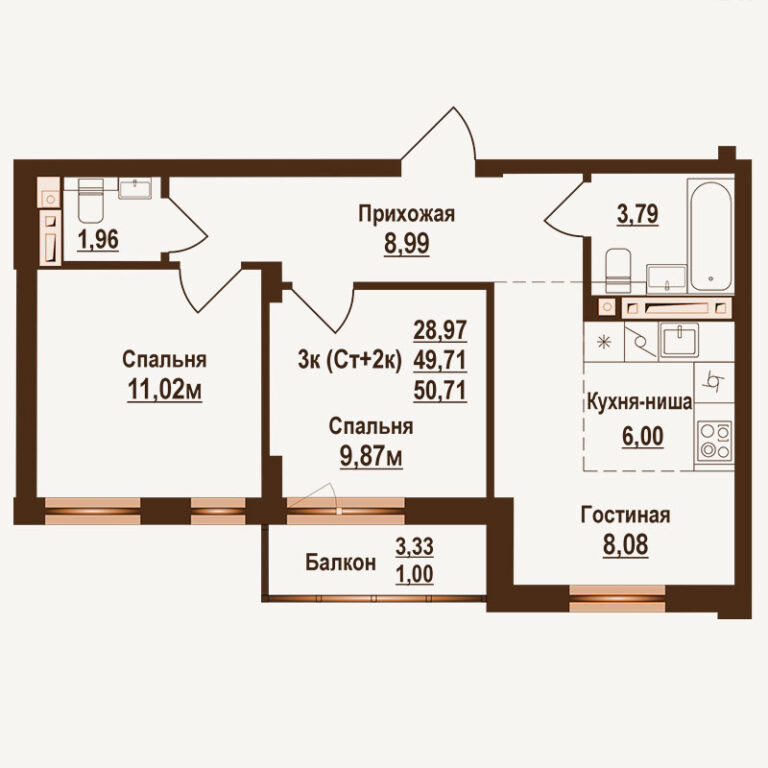 Планировка квартиры 50.71 м² — клубный дом Ривьера