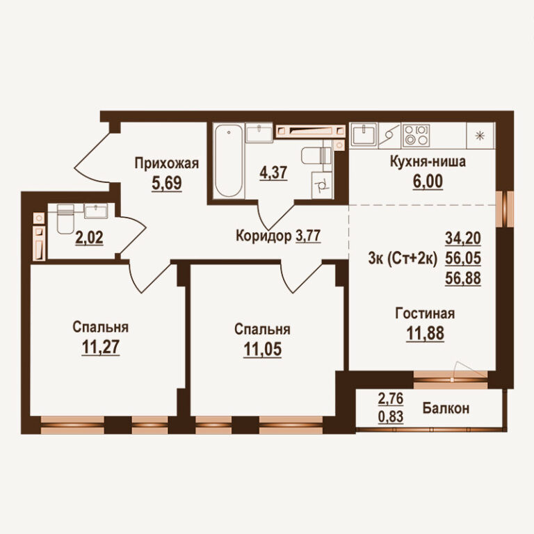 Планировка квартиры 56.88 м² — клубный дом Ривьера