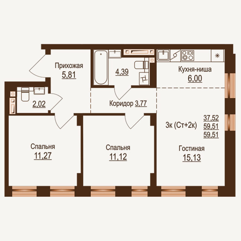 Планировка квартиры 59.51 м² — клубный дом Ривьера