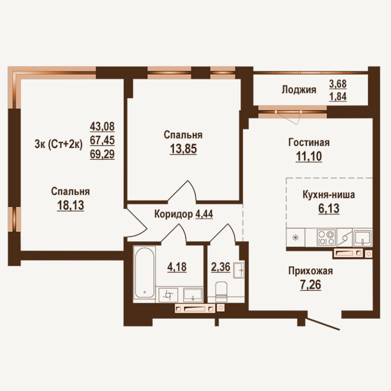 Планировка квартиры 69.29 м² — клубный дом Ривьера
