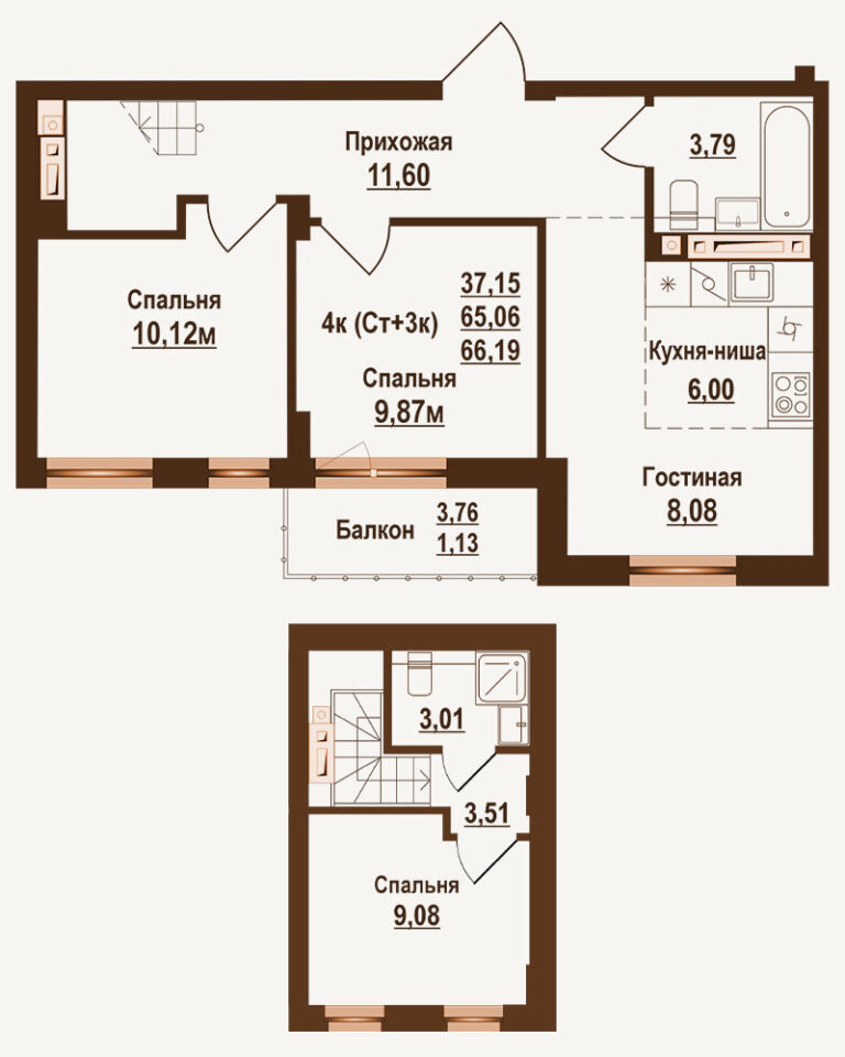 Планировка квартиры 66.19 м² — клубный дом Ривьера