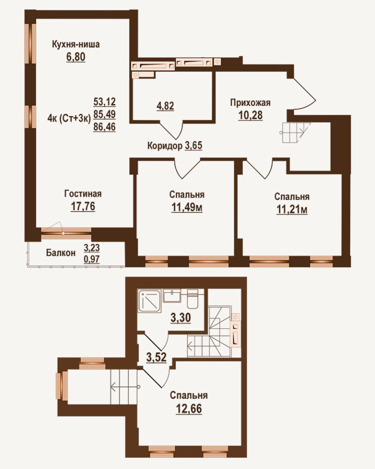 Планировка квартиры 86.46 м² — клубный дом Ривьера